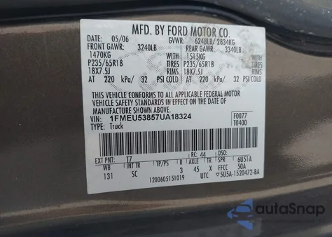 2007 Ford Explorer Sport Trac Limited z USA, uszkodzony, nr VIN 1FMEU53857UA18324